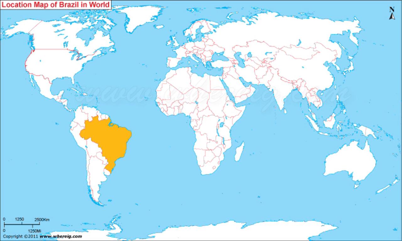 巴西的位置，在世界地图上的位置，巴西在世界地图(南美洲-美国)